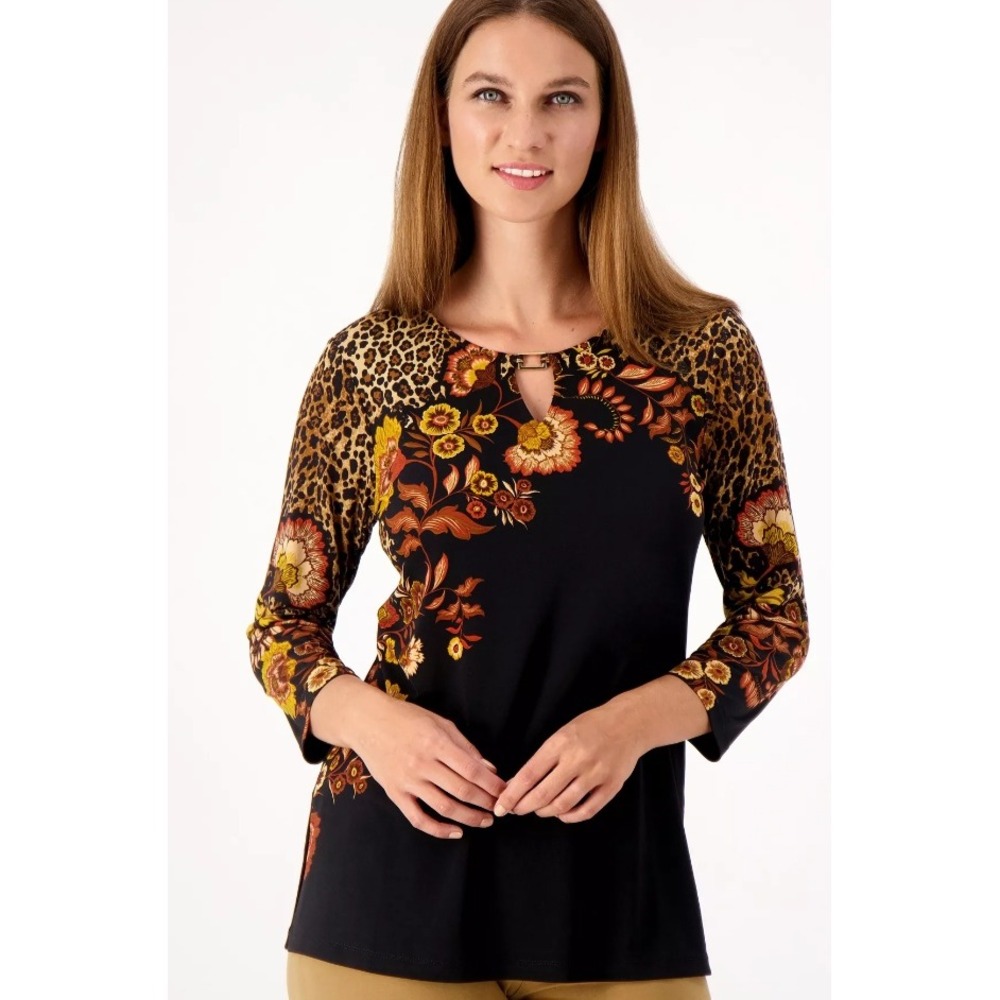 Susan‎ graver animal print orange floral liquid knit office M whimsigoth artsy